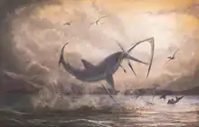 Cretoxyrhina, one of the largest Cretaceous sharks, attacking a Pteranodon in the Western Interior Seaway