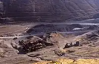 Cwmystwyth Mine from the hill-side immediately above the mine. Winter in 1985 when many buildings were still standing