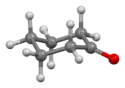 Ball-and-stick model of cyclohexanone viewed side-on, showing the non-planar conformation