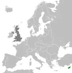 Cyprus in the 1930s, with Cyprus in dark green and the United Kingdom in dark grey