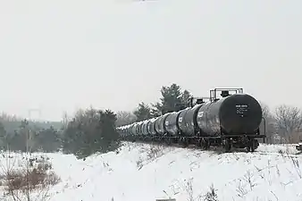 A string of DOT-111 cars on the former Canadian National Penetang Spur in Essa, Ontario, Canada awaiting their trip to be recycled. Photo taken on December 11, 2018.