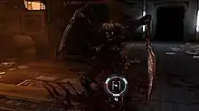 A character in first-person shoots at a monster in a darkened corridor.