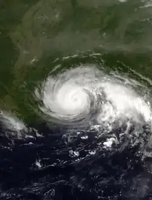 A view of Hurricane Danny from Space on July 19, 1997. Danny is at its peak intensity, and is approaching landfall along the U.S. Gulf Coast. The Florida peninsula is seen on the eastern side of the image.