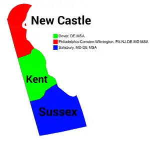 Map of the three metropolitan statistical areas in Delaware.