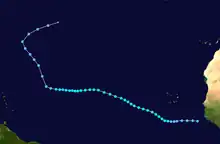 A map of a path across a portion of the Atlantic Ocean. The track starts near the west coast of Africa, and heads generally northwestward. South America is depicted on the lower-left side of the map.