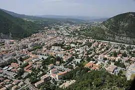 An aerial view of the centre from the east, towards the direction of the Durance river