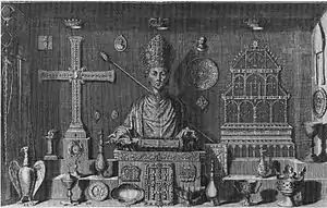 Part of the Saint-Denis Treasury, engraving of by Michel Félibien (1706): the scepter is displayed diagonally, behind the (now lost) reliquary of Saint Benedict at the center