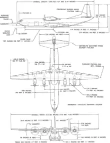 3-view line drawing of the Douglas C-133A Cargomaster