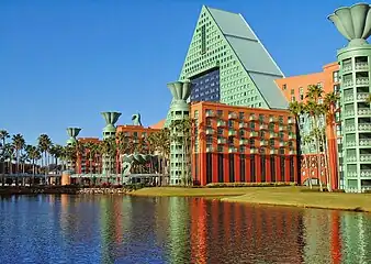 Dolphin Hotel, Orlando, Florida, US, with urn tops that are reminiscent of urns that decorate corners, tops and roof railings of buildings and furniture from the reign of Louis XIV, by Michael Graves, 1989