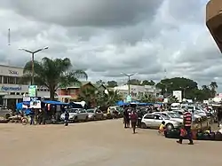 Downtown Kabwe, looking down Freedom Way, with the Big Tree National Monument in the distance