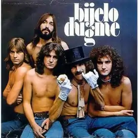 The default Bijelo Dugme lineup. Standing: Zoran Redžić; sitting, from left to right: Vlado Pravdić, Goran Bregović, Željko Bebek, Ipe Ivandić.