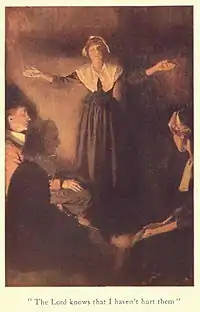 "'The Lord knows that I haven't hurt them'", p. 68, illustration by Howard Pyle of Rebecca Nurse in Dulcibel: A tale of old Salem by Henry Peterson, Philadelphia: John C. Winston, 1907