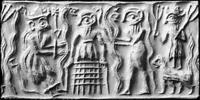 Image 59Ancient Sumerian cylinder seal impression showing the god Dumuzid being tortured in the Underworld by galla demons (from Comparative mythology)