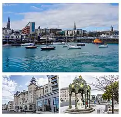 Clockwise from top: Dun Laoghaire harbour; the Queen Victoria Memorial Fountain; Royal Marine Hotel