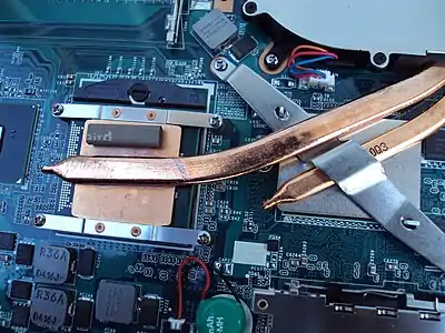 A laptop computer's CPU and GPU heatsinks, and copper heat pipes transferring heat to an exhaust fan expelling hot air