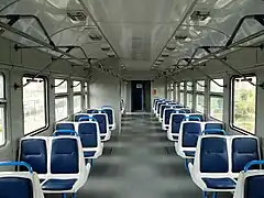 Interior view of an ER9M EMU converted for use as a Kyiv Urban Electric Train.