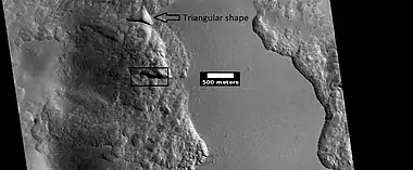 Close view from a previous image, as seen by HiRISE under HiWish program The triangular shape of some depressions are noted.  The area in the box is enlarged in following images.