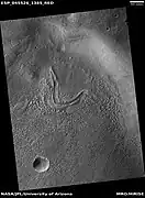 Curved ridge that probably was formed by glacier, as seen by HiRISE under HiWish program