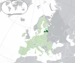 Location of Latvia (dark green)– in Europe (green & dark grey)– in the European Union (green)  –  [Legend]