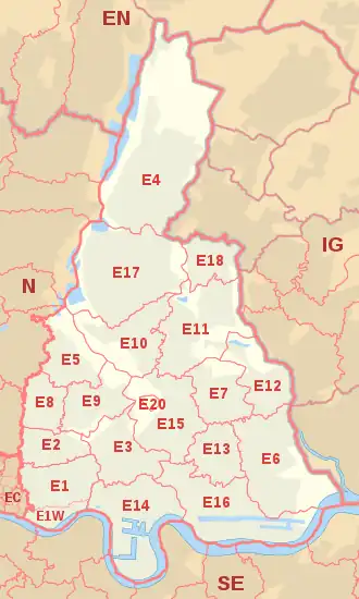 E postcode area map, showing postcode districts, post towns and neighbouring postcode areas.