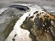 Ear Spring in August 2018, a month before its eruption. Note the white areas where there used to be bacterial mats in the image of 2013