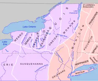 Map of New York showing Algonquian tribes in the eastern and southern portions and Iroquoian tribes to the western and northern portions. (from History of New York (state))