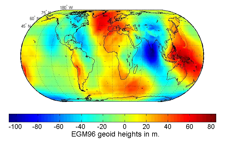 Map of the undulation of the geoid in meters (based on the EGM96 gravity model and the WGS84 reference ellipsoid).