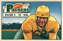 A stylized trading card showing Neal crouched wearing his uniform