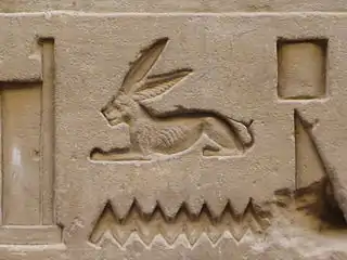 Detail of Hare and water-ripple quadrat (hieroglyph block) (also shows Stool-or-mat (hieroglyph) and Throne (hieroglyph))