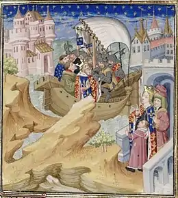 Imaginative 15th century interpretation of Edward II's arrest by Isabella, seen watching from the right.