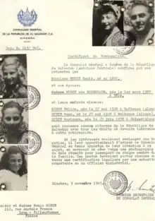 Representation of documents that were given to a Jewish family from Central Europe. Most of the Jews that came to El Salvador were from Germany, Poland, Hungary and Switzerland. 40,000 people were saved with Salvadoran citizenship documents like these, given by José Castellanos Contreras and José Gustavo Guerrero