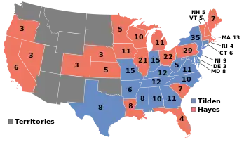 A map of the United States showing electoral results in 1876