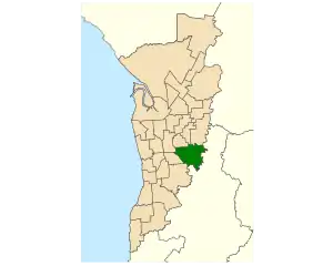 Map of Adelaide, South Australia with electoral district of Bragg highlighted