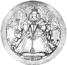 Design for the obverse of a Great Seal for Ireland (never made), pen and ink wash over pencil, Hilliard, c. 1584