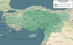 Map of the Hittite Empire at its greatest extent, with Hittite rule c. 1300 BC