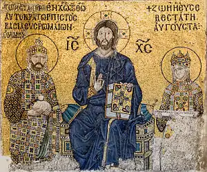 11th century mosaic of Constantine IX Monomachos, Empress Zoe, and Jesus Christ in the Hagia Sophia.