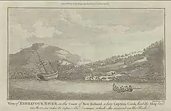 An old engraving shows the Endeavour beached on the shore of a bay, surrounded by wooded hills. An area of land has been cleared and tents set up. A small boat carrying eight men rows on the bay.