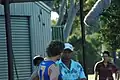 Jared Brennan and Ernie Dingo during a Brisbane Lions training session on April 11