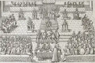 Picture of the estates general in session, with clergy left, nobility centre and commons right