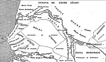 Carte des peuplades du Sénégal de l'abbé Boilat (1853): an ethnic map of Senegal at the time of French colonialism. The pre-colonial states of Baol, Sine and Saloum are arrayed along the southwest coast, with the inland areas marked "Peuple Sérère".