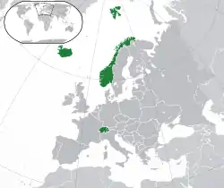 Location of the EFTA{{{1}}} (green)in Europe (green & dark grey)