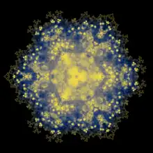 Blue, yellow, and gold fractal doily with a tilted hamster-face in the middle (that's just pareidolia, but inescapable).  Triple symmetry with sharp points at 9 o'clock, at 1 o'clock, and 5 o'clock.