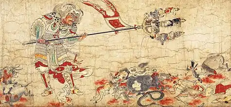 Sendan Kendatsuba (or Candana Gandharva) is depicted using his trishula to kill evil animals and demons in the set of five paintings Extermination of Evil.