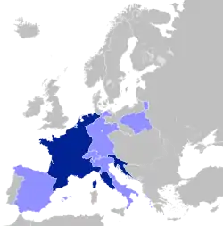 Map of Europe as at 1812, highlighting France and her client states