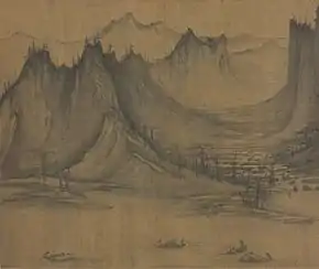 A square painting of several small, two person fishing vessels in a river, with mountains in the background.