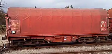 Four-axle wagon for coil transport (Shimmns-ttu722 owned by DB)