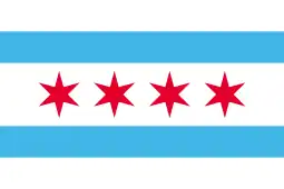 Five horizontal stripes, arranged from top to bottom white, blue, white, blue, and white. The middle white stripe is the widest, occupying roughly a third of the flag's height, while the other four stripes are roughly equal in width. There are four red six-pointed stars in the middle white stripe.