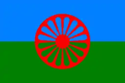 Flag of the Romani People. It contains blue and red colour to represent the heaven and earth respectively, and uses a 16 spoke Dharmachakra to symbolise their tradition and to pay homage to their Indian origin.