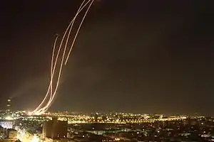 Image 13Patriot missiles launched to intercept an Iraqi Scud over Tel Aviv during the Gulf War (from History of Israel)
