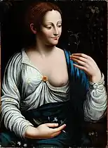 After Francesco Melzi, "Flora, or La Colombina," 16th century. Oil on panel, 64.5 x 47.7 cm. Château de Blois (869.2.15).